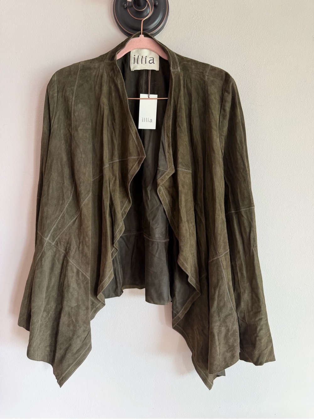 NWT Illia Olive Green Suede Leather Draped Open Front Jacket Size 10 made in USA